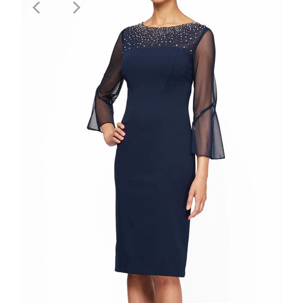 Elegant Navy Blue Dress with Sheer Sleeves